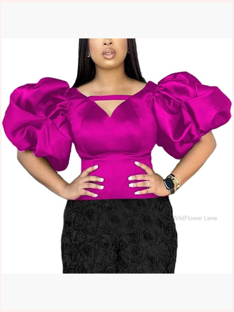 V Neck Puff Sleeve Blouse Slim Shiny Top